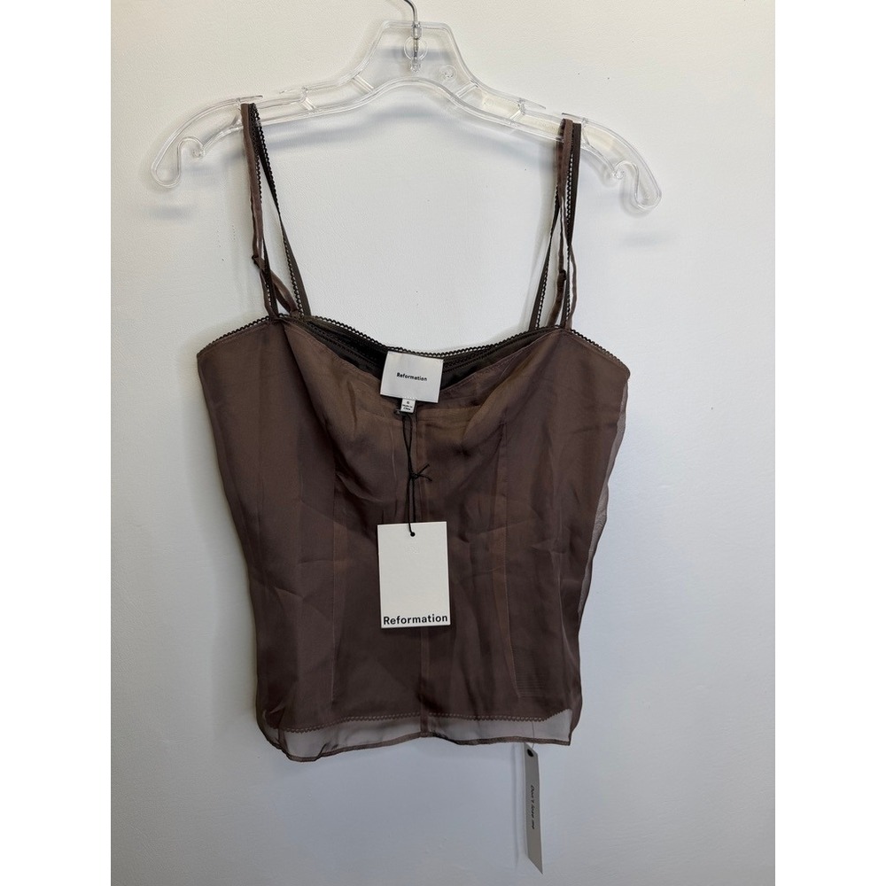 Reformation Camisole Top Women 6 Brown Kaila Sheer Mesh Overlay Corset Tank